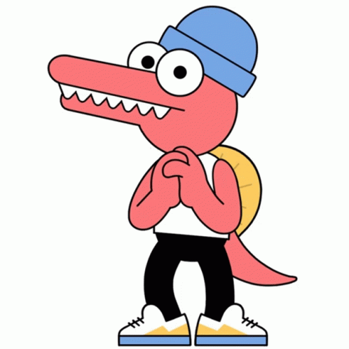 Pink Dinosaur Clutches Hands And Pleads Sticker Skater Dinos Big Eyes