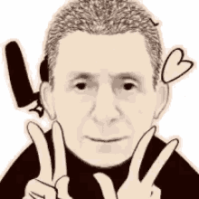 a black and white drawing of a man giving a peace sign with a heart on his head .