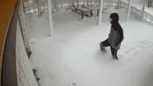 a person in a hooded jacket is walking through a snowy area