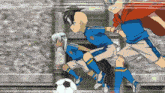a group of soccer players are running towards a soccer ball with one wearing a shirt that says fc