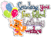 sending you fun filled birthday wishes with a squirrel holding balloons and a gift