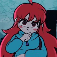 a cartoon girl with red hair is wearing a blue hoodie