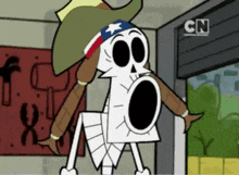 a cartoon of a skeleton wearing a cowboy hat with cn on the bottom