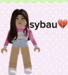 a girl in a pink shirt and shorts is standing in front of a pink background with the word sybau written on it .