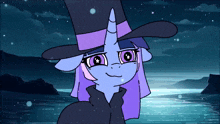 a cartoon unicorn wearing a top hat and purple hair