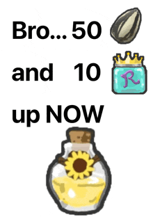 a picture of a bottle of oil with a sunflower in it and the words bro 50 and 10 up now