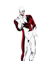 a cartoon character in a red and white suit