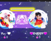 two people are taking selfies in a bubble with the name cherry on the bottom
