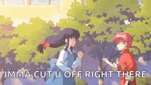 two anime girls are standing next to each other in front of a tree .