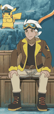 a cartoon character wearing a hat and goggles is sitting on a bench