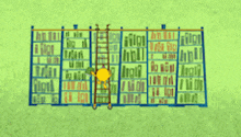 a cartoon drawing of a library with a ladder going up to the top
