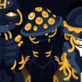 a cartoon drawing of a group of mushrooms with the number 4 on their hats