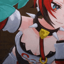 a close up of a cartoon character with the letter c on the bottom of her chest