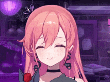 a girl with pink hair and a snake around her neck is smiling