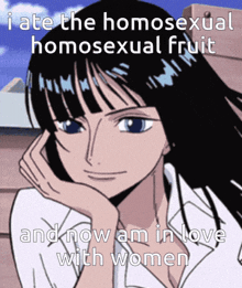 a picture of a woman with the words " i ate the homosexual homosexual fruit and now am in love with women " on it
