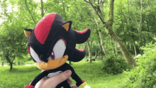 a person is holding a stuffed animal that looks like shadow the hedgehog .