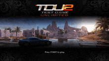 a tdj2 test drive unlimited advertisement with a car in the desert