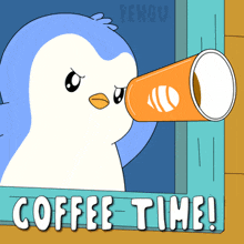 a cartoon of a penguin drinking from an orange cup with the words coffee time below it