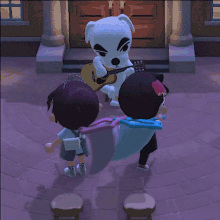 a dog playing a guitar in a video game with two people