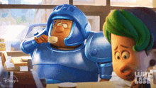 two cartoon characters are sitting at a table with disney + written on the bottom