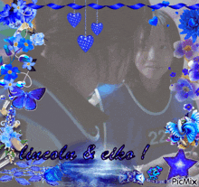 a picture of lincoln and eiko is surrounded by blue butterflies and flowers