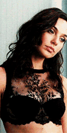 a woman in a black bra is standing in front of a white wall .