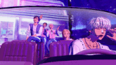 a group of people are sitting in a car with purple seats