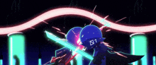a cartoon character with the number 1 on his helmet holding a sword