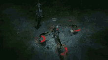 a video game is being played in the dark with a group of people standing around a skeleton .