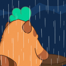 a cartoon bear is crying in the rain with a green flower on his head