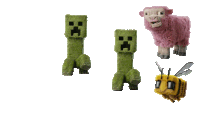 a creeper a sheep a bee and a pink sheep are all stuffed animals