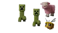 a creeper a sheep a bee and a pink sheep are all stuffed animals