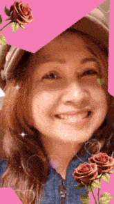 a woman wearing a hat is smiling in front of a pink background with hearts and roses