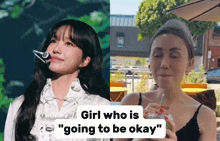 a picture of a woman singing next to a picture of a woman drinking from a cup