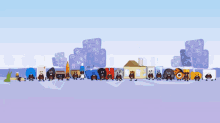 a group of cartoon characters are standing next to each other in a line