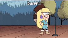 a cartoon of a girl singing into a microphone with the word basvivi written above her