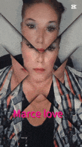 a woman 's face is surrounded by triangles and the words marce love are on the bottom