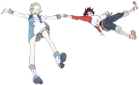 a boy and a girl are holding hands and flying through the air