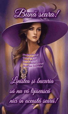 a woman wearing a purple dress and a purple hat with the words buna seara