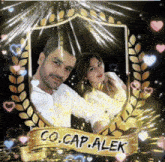 a picture of a man and a woman with the words co.cap.alek on the bottom