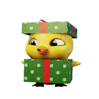 a yellow chicken is holding a green gift box with snowflakes on it