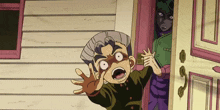 a cartoon character with a surprised look on his face stands in front of a door