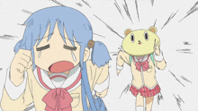 a cartoon drawing of a girl and a stuffed animal giving a peace sign