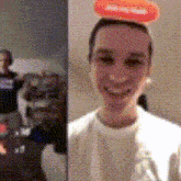 a woman with a hot dog on her head is smiling for the camera