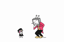 a cartoon drawing of a man with a television head and a man with a trumpet .