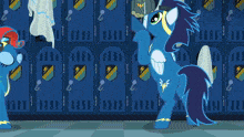 a blue pony is standing in front of a wall of blue lockers