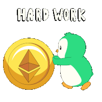 a penguin is pushing a gold coin that says hard work on it