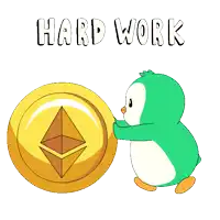 a penguin is pushing a gold coin that says hard work on it