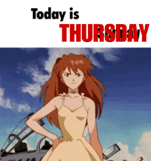a girl in a yellow dress is standing in front of a blue sky and the words today is thursday