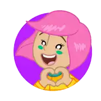 a girl with pink hair is making a heart shape with her hands